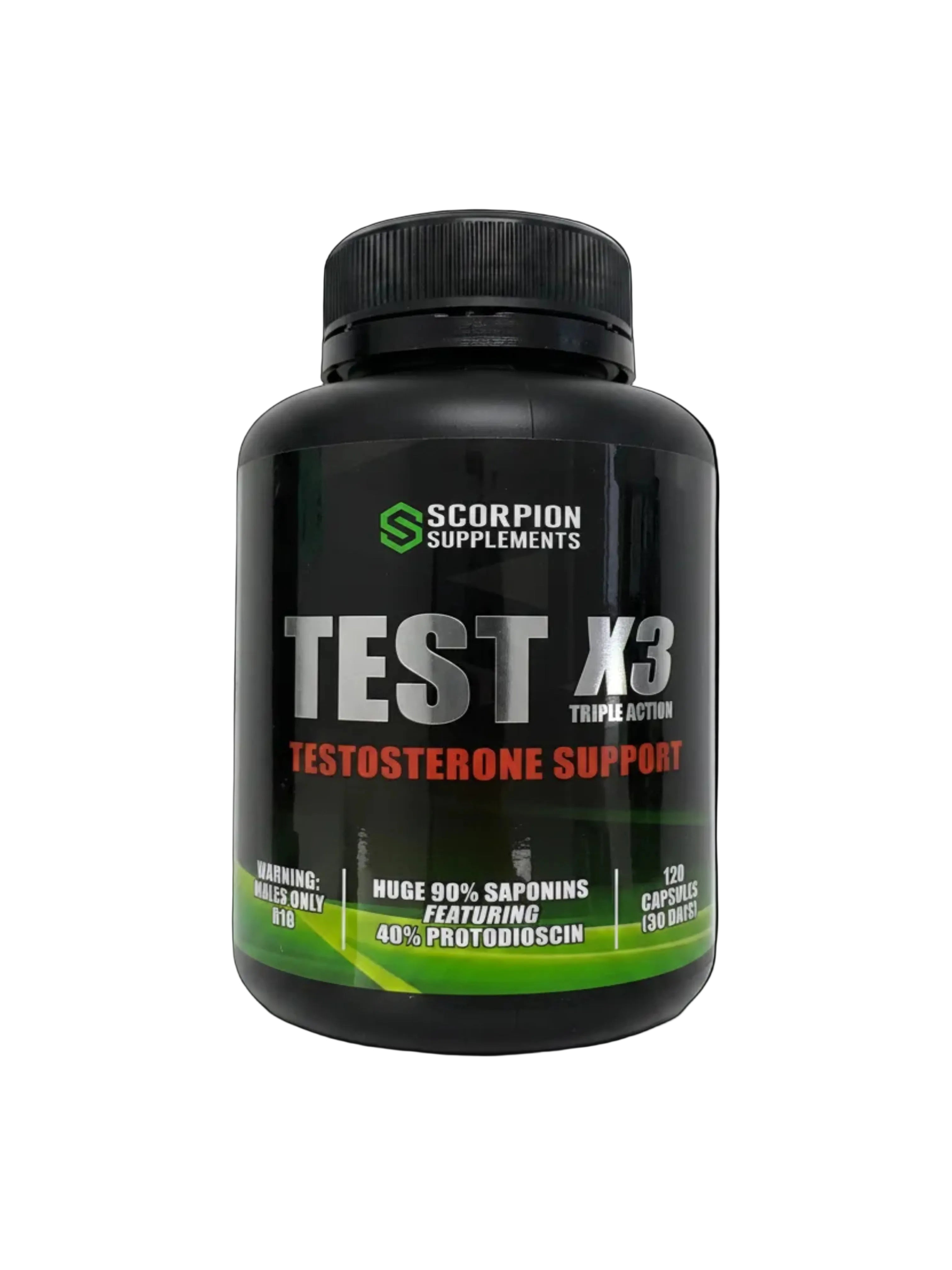 Supplement bottle labeled 'TEST X3' on a reflective surface